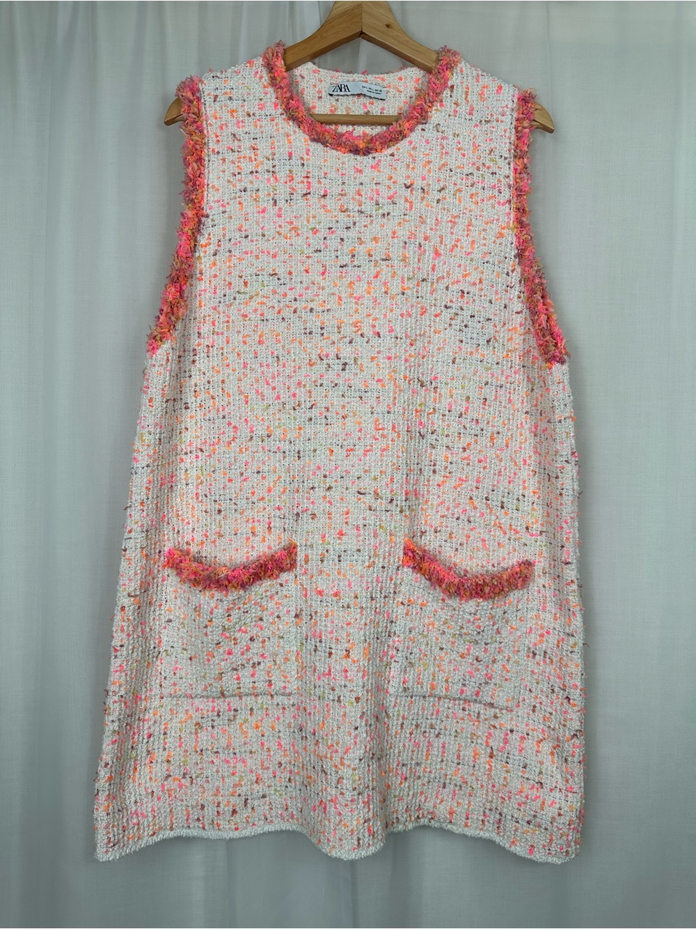Zara Multicolored Tweed Contrast Vest Dress Ecru Fringe Knit Shift L Retro Chic
